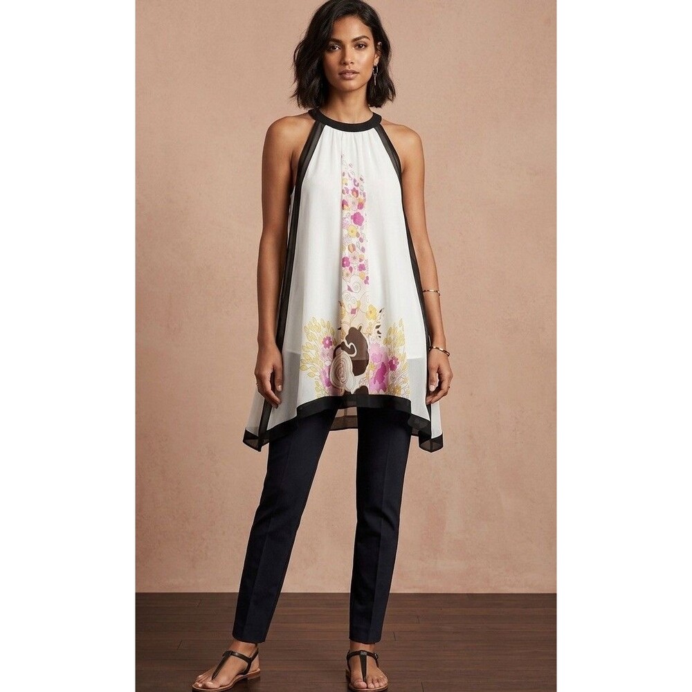 Forever 21 Silk Halter Tunic Top Blouse Medium Fairy Whimsigoth Floral SHEER
